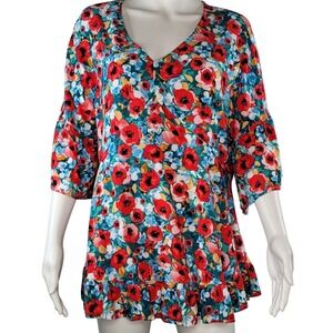 Avenue Red Poppy‎ Floral V-Neck Ruffle Hem Tunic